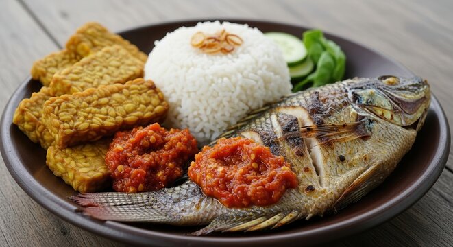 Delicious Indonesian grilled fish with rice and tempeh