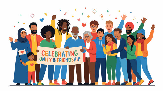 Vibrant diverse crowd of people celebrate unity and friendship with colorful confetti and smiling faces