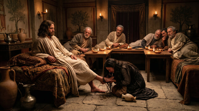 A weeping woman washing Jesus' feet with her tears and wiping them with her hair during a banquet. Scene of devotion and forgiveness
