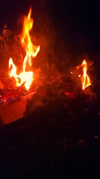 Campfire Burning at Night with Flames and Smoke - 4K Footage