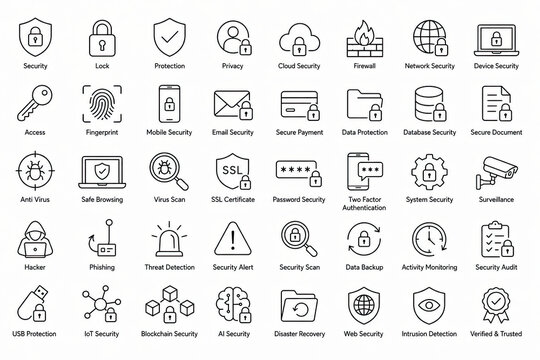Set of simple black line icons for business and technology applications