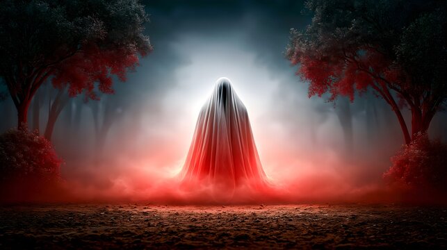 Sheet Ghost in Foggy Forest with Red Mist