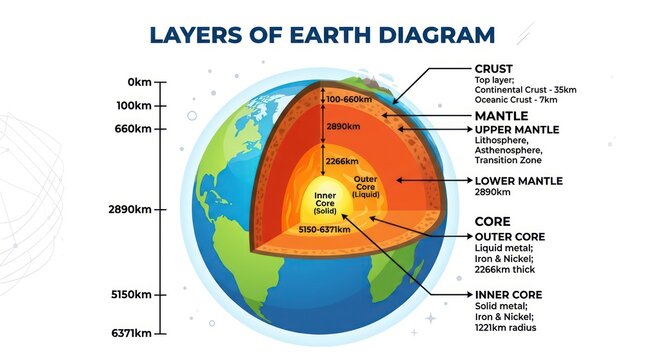 Layers of Earth diagram. Educational cross section showing planetary core and mantle.