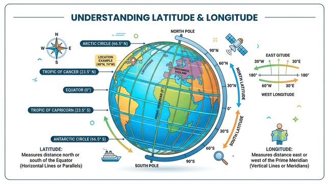 Latitude and longitude educational infographic. Earth globe diagram for geography learning.