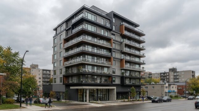 Modern apartment building multiple floors balconies multi-story residential with varied architectural design