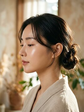 Portrait of a beautiful young Asian woman with a sophisticated hair bun and radiant skin in natural lighting
