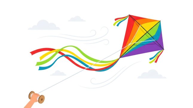 Colorful rainbow kite flying in the sky. Summer activity with a kite on a string.
