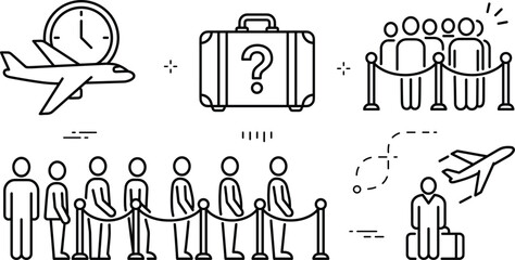 Airport flight delay lost luggage and passenger queue line art vector elements icons set for travel complications theme © vector design 