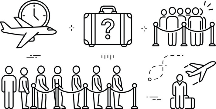 Airport flight delay lost luggage and passenger queue line art vector elements icons set for travel complications theme