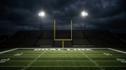Fototapeta premium Football field night is covered green An empty American at under bright stadium