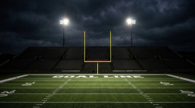 Football field night is covered green An empty American at under bright stadium
