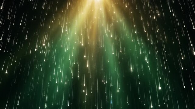 Volumetric green light beams illuminate fine drifting rain in dark space, sparkling microdroplets passing through bright white light shafts with cinematic atmosphere and realistic optical diffusion.