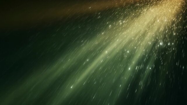 Volumetric green light beams illuminate fine drifting rain in dark space, sparkling microdroplets passing through bright white light shafts with cinematic atmosphere and realistic optical diffusion.