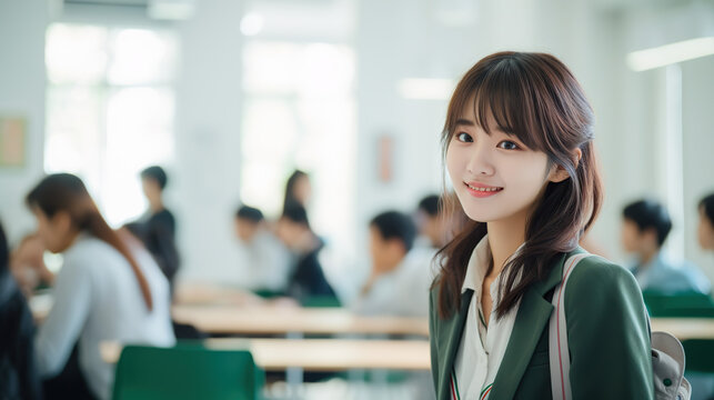 Young Woman in Classroom: A young woman with a gentle smile and thoughtful gaze looks towards the camera, amidst a softly blurred background of a classroom setting filled with other students.