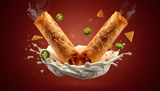 Crispy chicken taquitos splashing in creamy dip. Golden rolled tortilla snacks with melted cheese and fresh garnish.