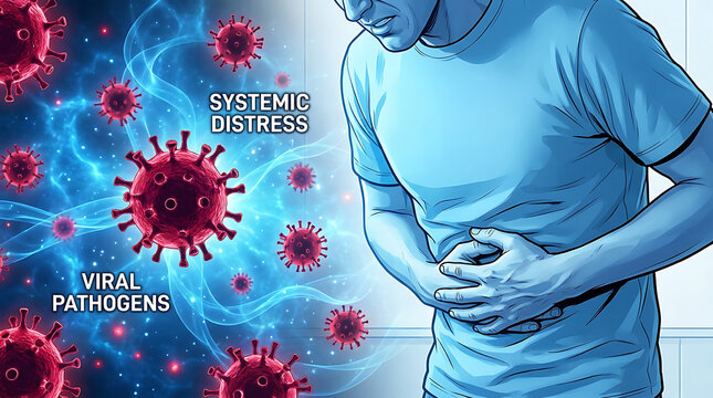 Man clutching abdomen with viral pathogens and systemic distress