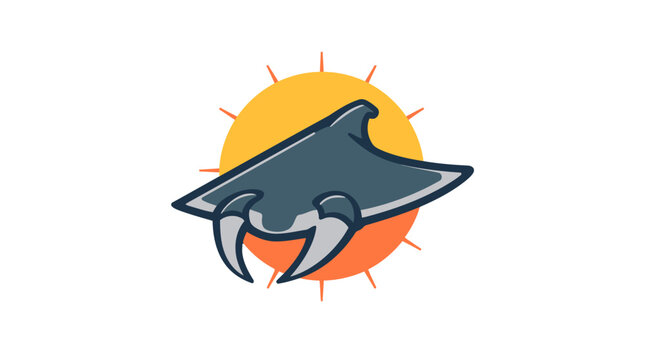 Stylized manta ray and sun graphic illustration.