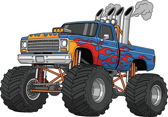 Monster truck illustration, oversized tire flame artwork, motorsport vehicle design, black white colorful figure set, off-road exhibition stylized collection © Fenshi