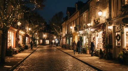 Fototapeta premium Row shops street night are located Shop on the Main