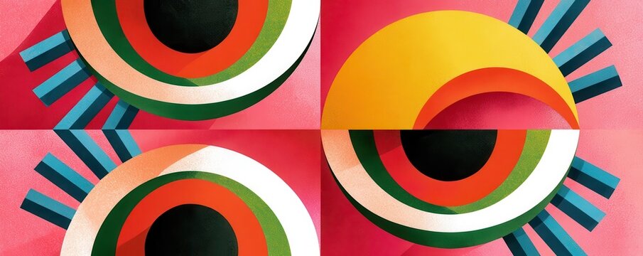 Vibrant geometric abstract illustration of concentric circles and retro textured eyes