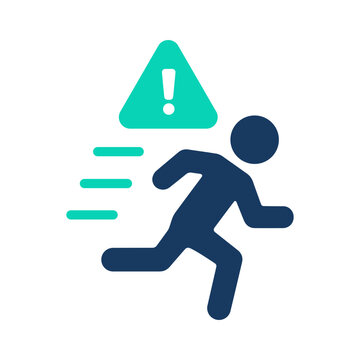 Person running away fast from a danger warning sign icon