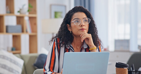 Laptop, remote work and thinking with woman in home office for planning, research or solution. Computer, future and vision with freelance employee at table in apartment for ideas or problem solving © peopleimages.com