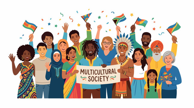 A diverse group of people celebrating a multicultural celebration at a colorful festival with a joyful crowd and flags