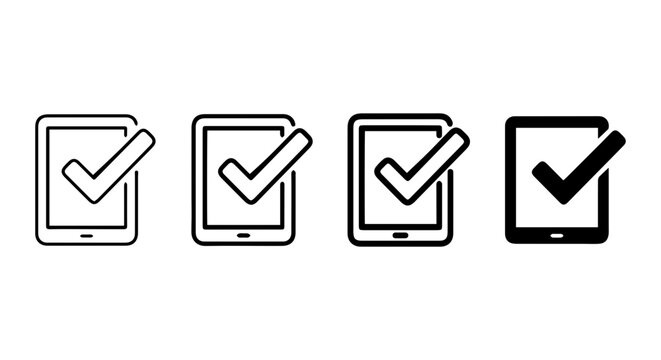 Checkmark Icons on Tablet Screens, Digital Approval Symbols, Task Completion Vector Set