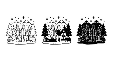 Winter Family Portrait Icons, Snowy Mountain Landscape, Cozy Outdoor Scene, Black and White Vector Set