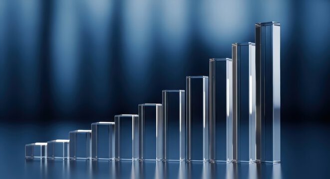 Glass bar chart with increasing height represents strategic navigation for business growth and success in modern blue background