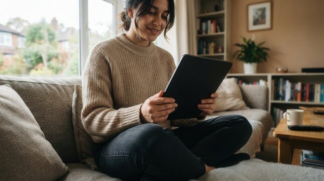 Person sitting couch holding tablet their Vertical mockup image of a woman with blank