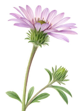 Beautiful light purple daisy flower with a small green bud on a long stem isolated on transparent background