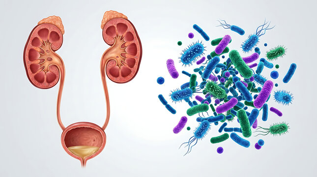 Human urinary system with colorful bacteria kidneys