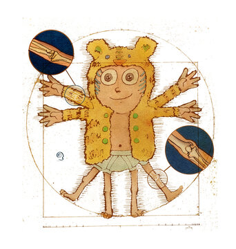 Ni&ntilde;o con traje de tigre. en pose de El Hombre de Vitruvio Ilustraci&oacute;n en t&eacute;cnica mixta l&aacute;piz y color digital de acuarela