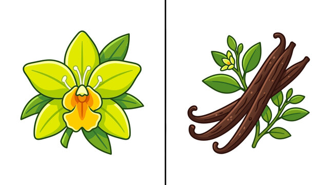 Vanilla flower and dried spice bean pods vector illustration