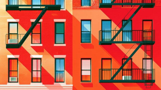 Colorful urban building facade with angular fire escapes and bold geometric shadows