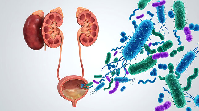 Urinary system with red kidneys and bladder invaded by colorful bacteria
