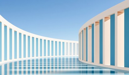 Obraz premium Abstract modern architectural colonnade with curved white columns and reflective blue water under sky