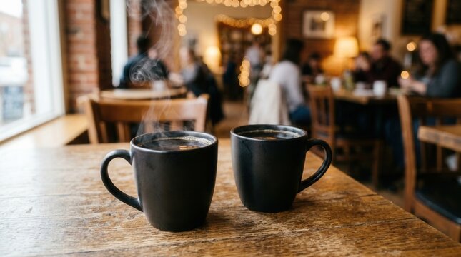 Two black coffee cups wooden table