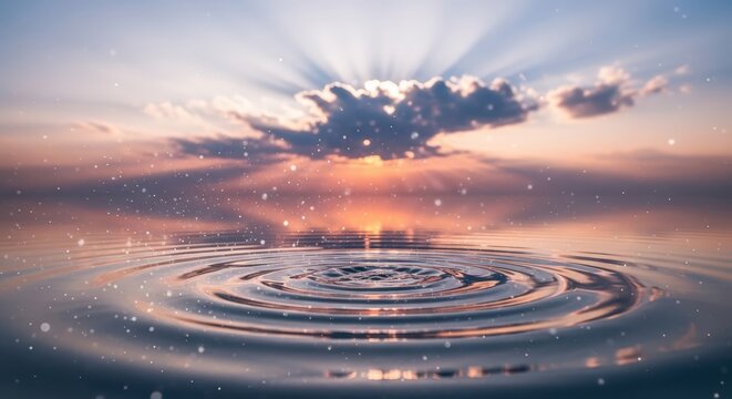 A tranquil scene capturing the moment the sun sets on a serene body of water with gentle ripples vibrant sky colors and a peaceful atmosphere evoking calmness reflection and the beauty of nature's dai