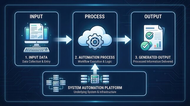 Diagram that represents automation process flow covering input data processing and output delivery