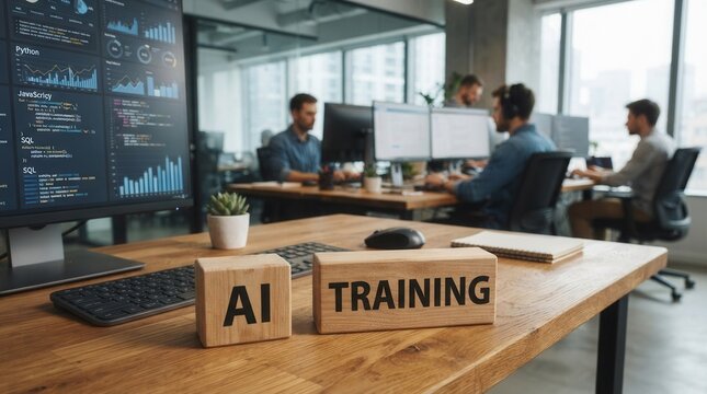 Two wooden blocks word "AI" "TRAINING" AI training concept in software development office