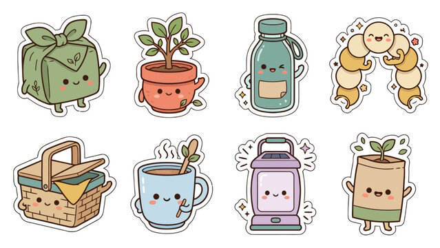 Kawaii anniversary stickers featuring cute gift boxes and playful plants