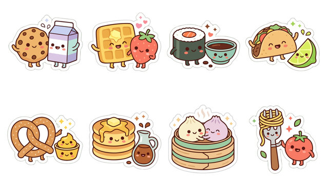Collection of cute kawaii food stickers including cookies, sushi, and tacos