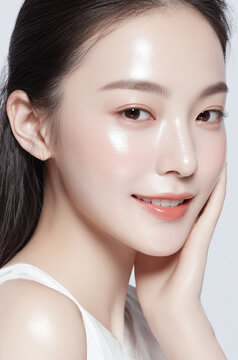 Side profile portrait of young Japanese model with clean makeup and highlighted cheekbones, beauty clinic and aesthetic concept