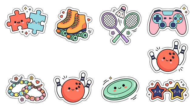 Kawaii anniversary stickers featuring fun elements and playful designs