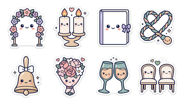 Kawaii anniversary stickers with candles, flowers and champagne glasses
