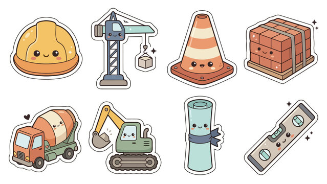 Kawaii construction-themed stickers with cute designs and tools