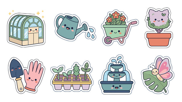 Kawaii gardening stickers featuring greenhouse, watering can, and plants