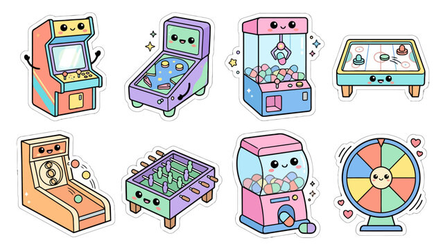 Kawaii stickers featuring arcade games and colorful play equipment
